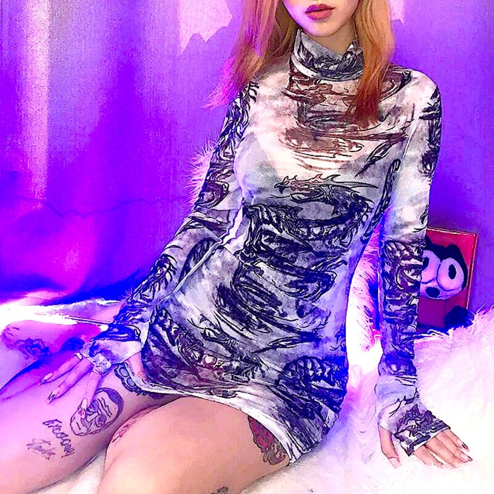 Long Sleeve Printed Turtleneck Mini Dress - White Gray